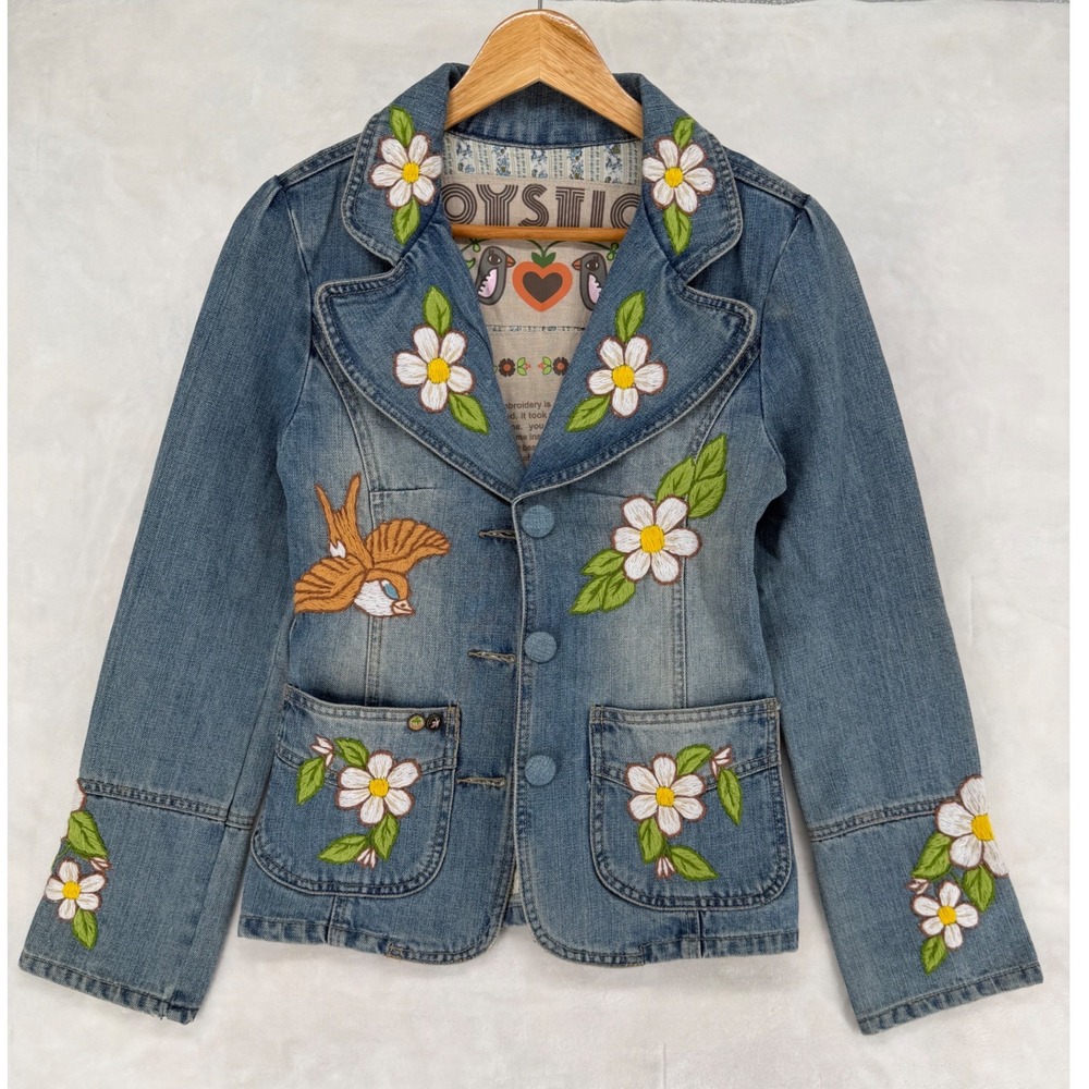 Vintage Joystick x Johnny Was Hand Embroidered Denim Jacket Floral Bird Y2K Boho